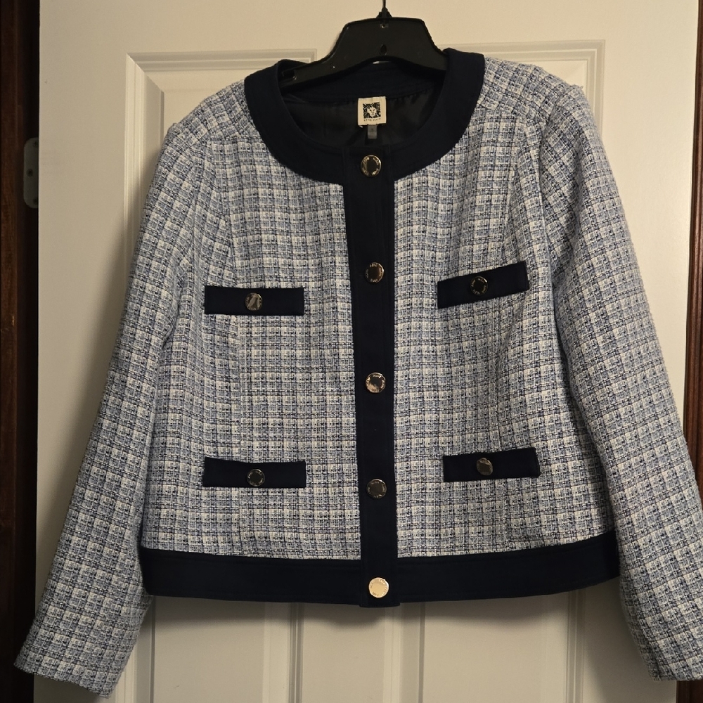 Anne Klein Navy and White Tweed Blazer